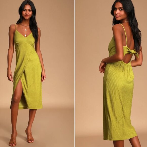 Lulu's Chartreuse Tie-Back Faux-Wrap Midi Dress - Picture 7 of 7